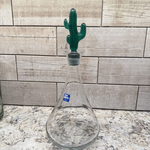 Vintage 90s Pier 1 Decanter Genie Bottle Green Saguaro Cactus Stopper - Picture 1 of 6